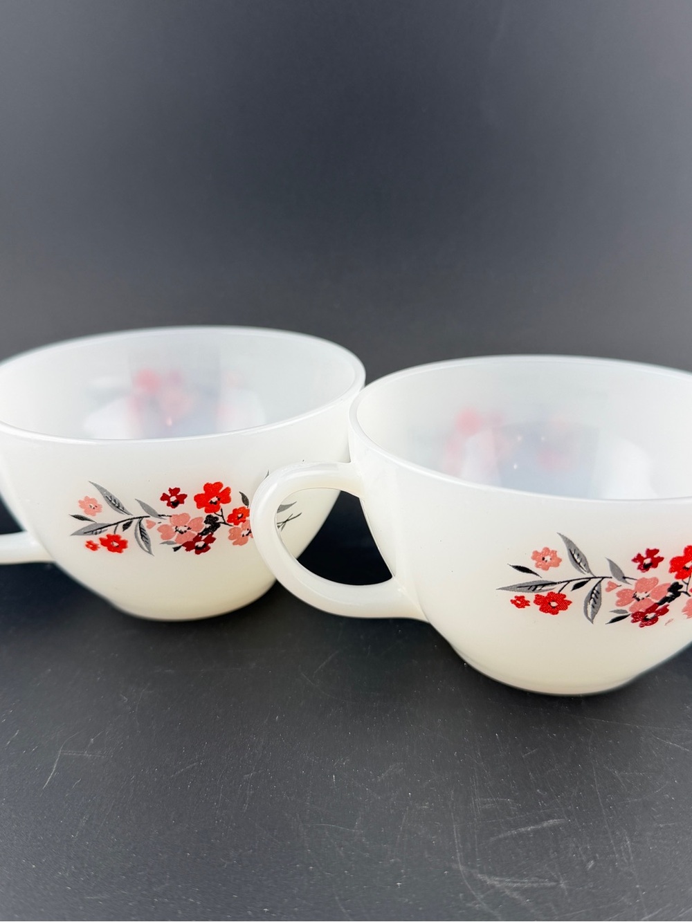 Fire King Primrose Milk Glass Tea Cups Set of 2 Anchor Hocking Floral Vintage